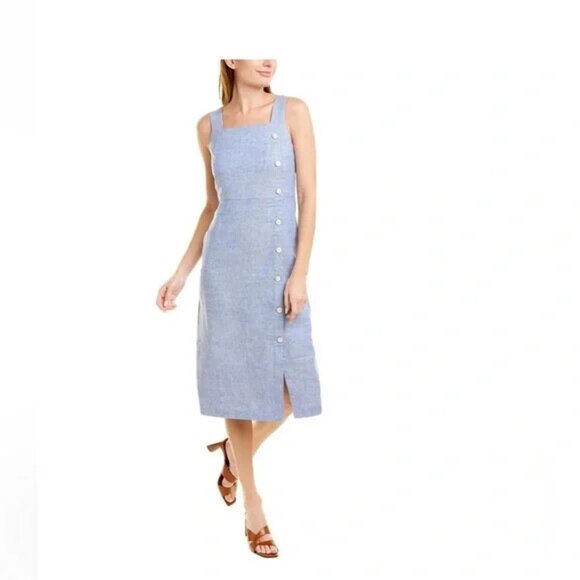J.McLaughlin Women's Sleeveless Midi Dress Blue Linen Side-Slit Size 14 - Picture 2 of 9